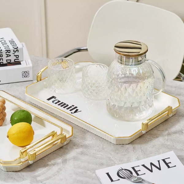 White acrylic tray three piece set with handle, household tea tray, snack tray, modern light luxury tableware set
