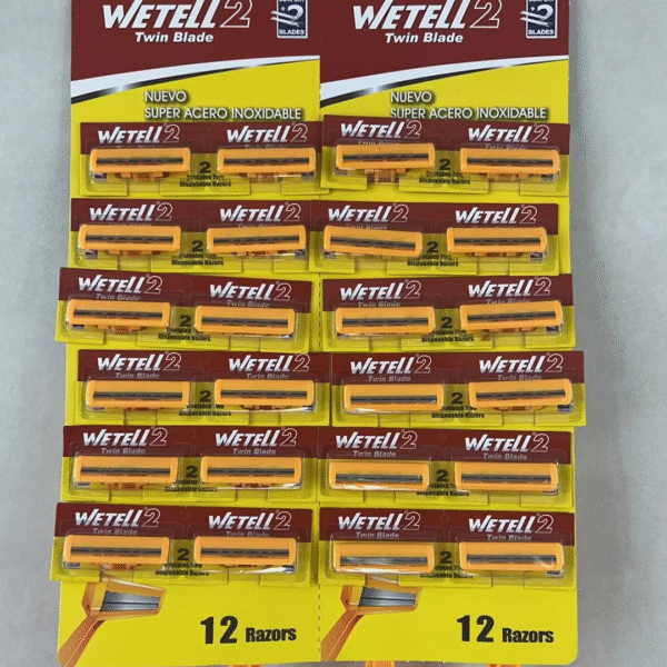 WETELL 2 Twin Blade Razors - 24 Count Dispenser Pack with Long Handle - Super Stainless Steel Blades