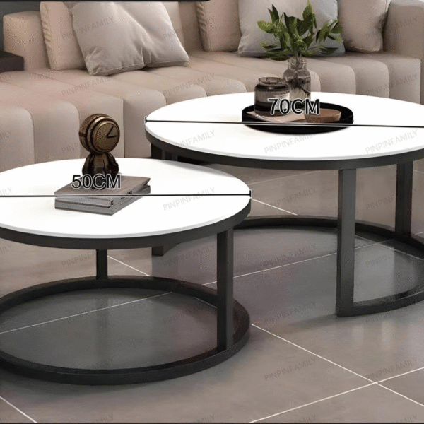 Modern Nesting Coffee Tables for Living Room - 2-Piece Round Set with White Faux Marble Top and Black Metal Frame - Minimalist Side End Table Set