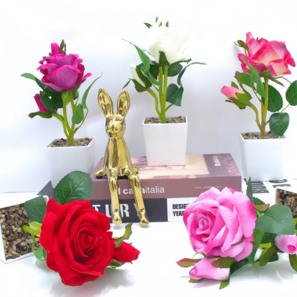 Realistic Silk Rose Artificial Flower Potted Plant | Faux Home and Office Decor