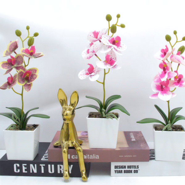 Realistic Potted Orchid Artificial Flower | Faux Phalaenopsis for Home and Office Decor