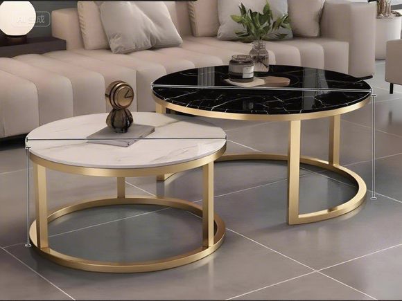 Modern Nested Coffee Table Set, White & Black Faux Marble with Gold Metal