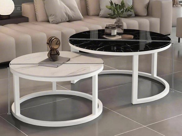 Nested Round Coffee Table Set, White & Black Faux Marble with White Metal