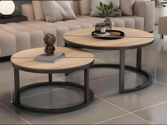 Modern Round Nested Coffee Table Set with Wood Top and Black Metal Frame