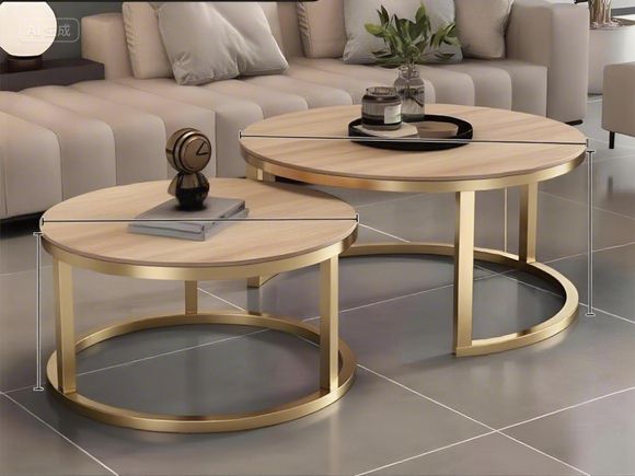 Luxury Round Nested Coffee Table Set with Wood Top and Gold Metal Frame