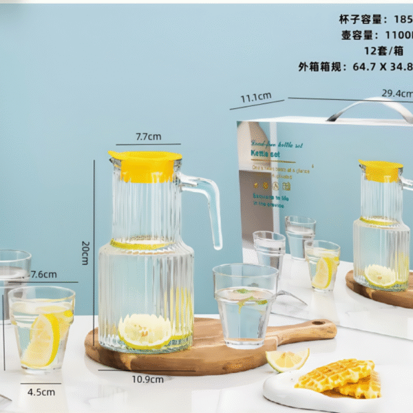 Modern Ribbed Glass Water Pitcher with 4 Drinking Glasses Set, Lemon Filter Lid