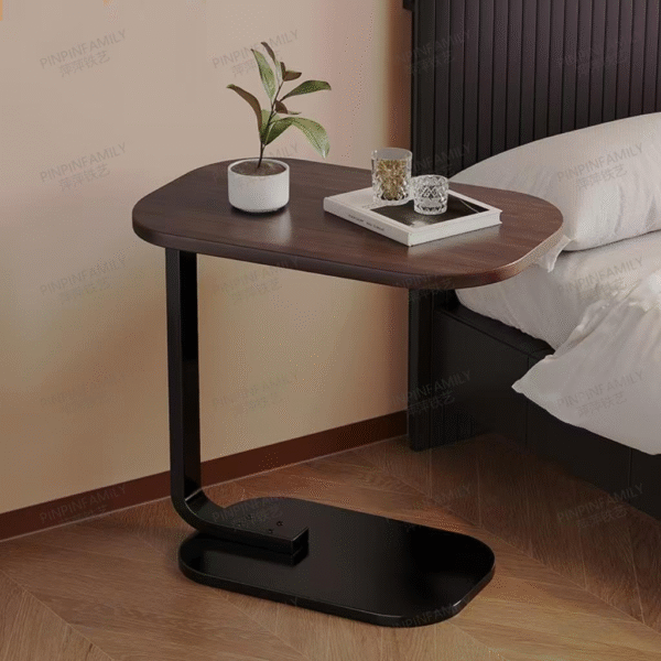 Modern C-Shaped End Table with Walnut Finish and Black Base - Versatile Side Table for Sofa, Bedside, & Living Room