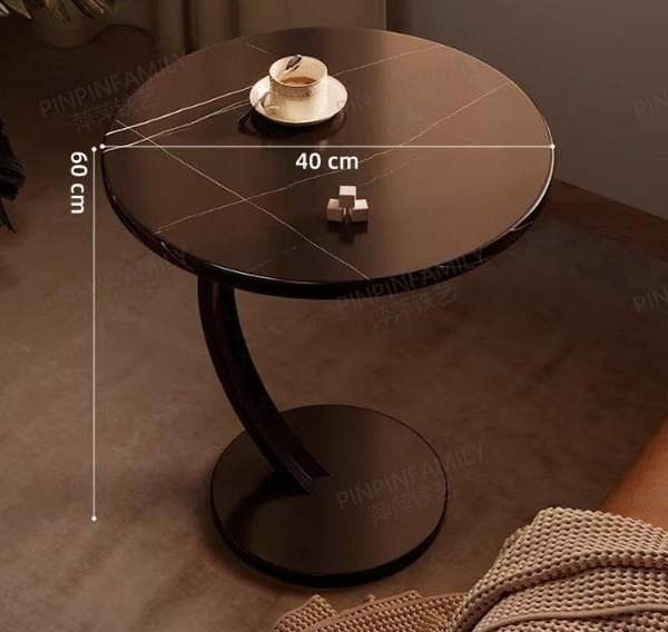 Modern Black Faux Marble Round Side Table with Curved Metal Pedestal Base, 60cm Height End Table for Living Room & Bedroom