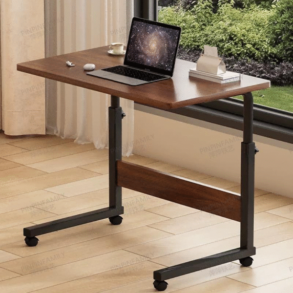 Adjustable Height Mobile Laptop Desk with Rolling Casters, Wood Grain Overbed Table for Sofa & Home Office