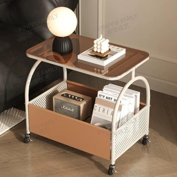 Modern Minimalist Rolling Side Table with Fabric Storage Basket & Removable Tray Top - Versatile Mobile End Table for Living Room & Bedroom