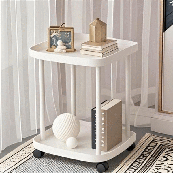 Modern 2-Tier Mobile Side Table - White Rolling End Table with Wheels