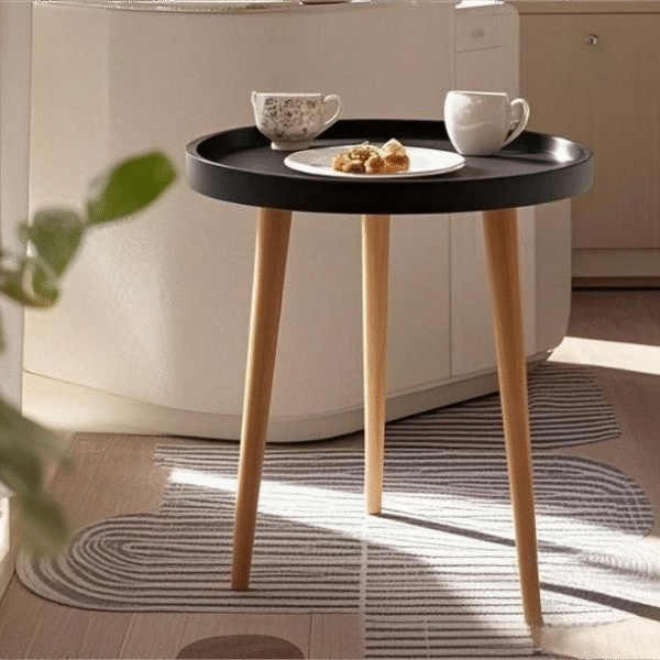 Minimalist Round End Table - Black with Natural Wooden Legs