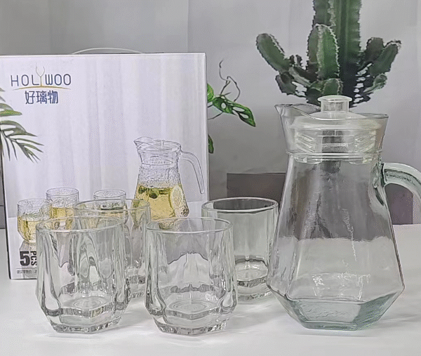 5-Piece Geometric Glass Pitcher and Tumbler Set - Modern Faceted Carafe & Drinking Glasses for Home and Kitchen