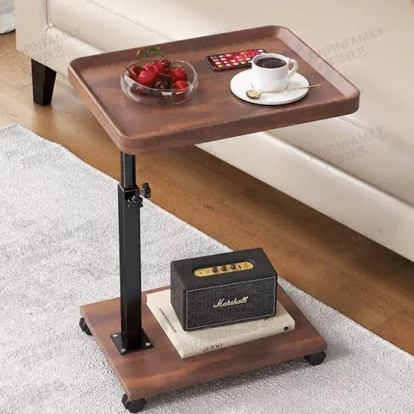 Adjustable Height Mobile C-Shaped End Table with Rolling Casters