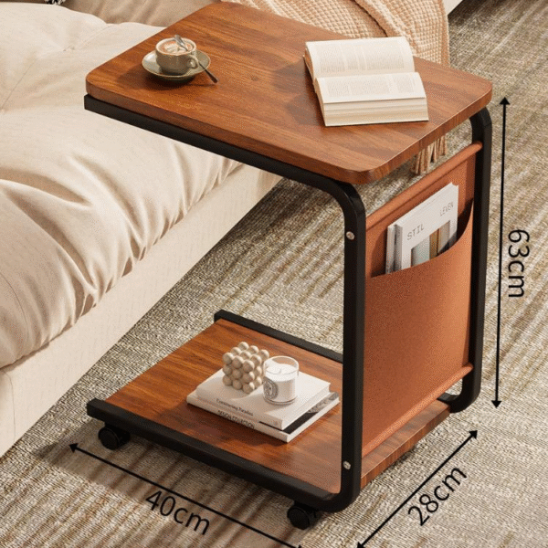 C-Shaped Rolling Sofa Side Table with Storage Pocket | Wood Grain Top and Black Frame