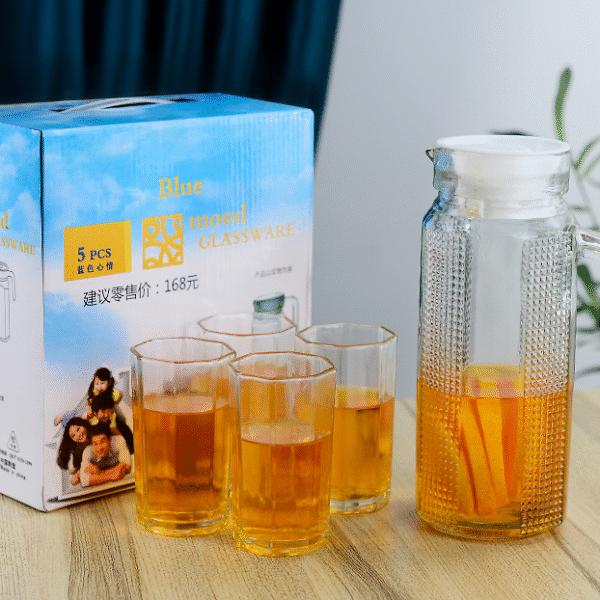 5-Piece Glass Water Pitcher and Tumbler Set with Textured Design - Modern Carafe & Drinking Glasses for Iced Tea & Juice