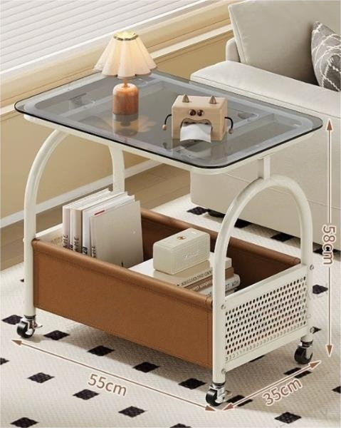 Nordic Rolling End Table with Clear Glass Top and Faux Leather Magazine Storage – White Metal Mobile Side Table for Living Room