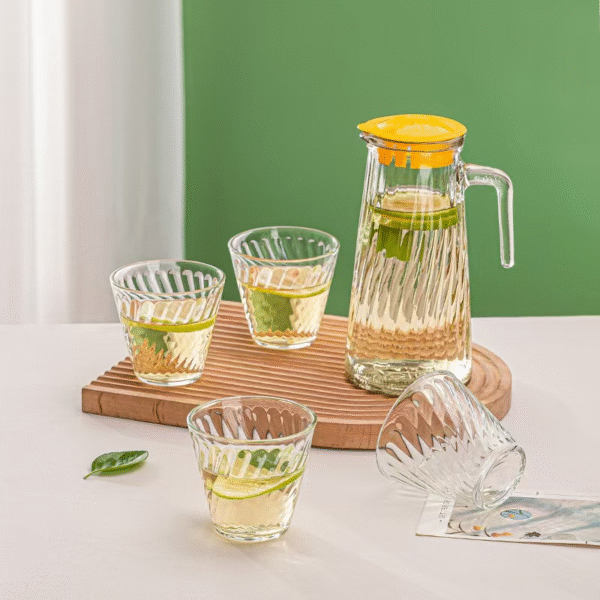 5-Piece Lead-Free Ribbed Glass Pitcher and Tumbler Set - 850ml Carafe with 4 Drinking Glasses for Iced Tea, Juice & Water
