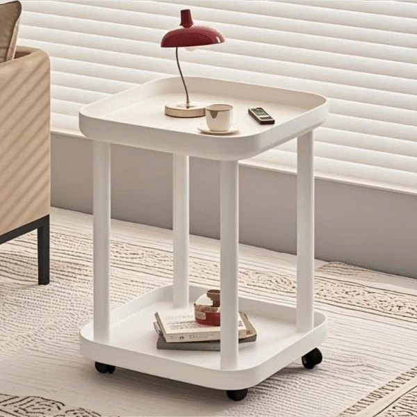 Minimalist White Square Mobile End Table with Casters, 2-Tier Storage Accent Table for Small Spaces