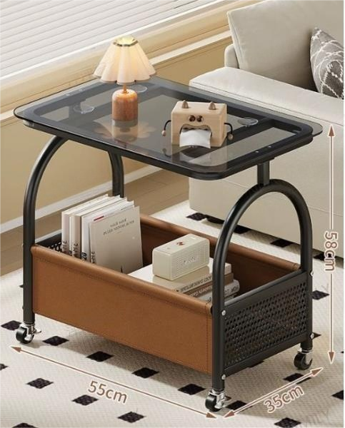 Modern Industrial Rolling End Table with Black Smoked Glass Top and Faux Leather Magazine Storage – Mobile Black Metal Side Table