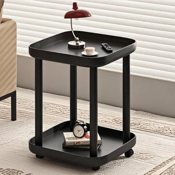 Modern Minimalist Black Square End Table with Storage & Wheels - Portable Metal Side Table for Sofa, Bedroom, or Living Room