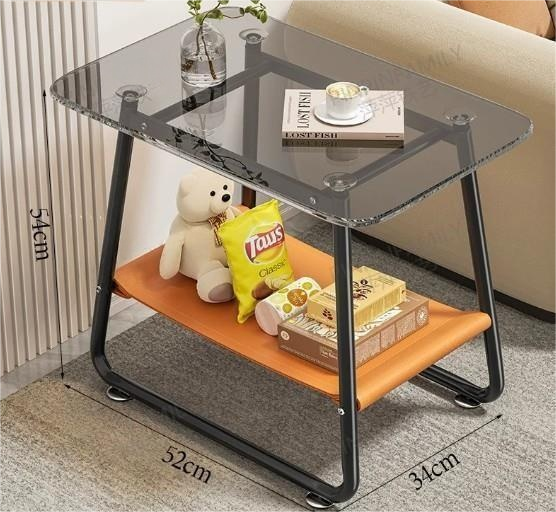 Modern 2-Tier End Table with Clear Tempered Glass Top and Orange Fabric Sling Storage Shelf – Minimalist Black Metal Side Table