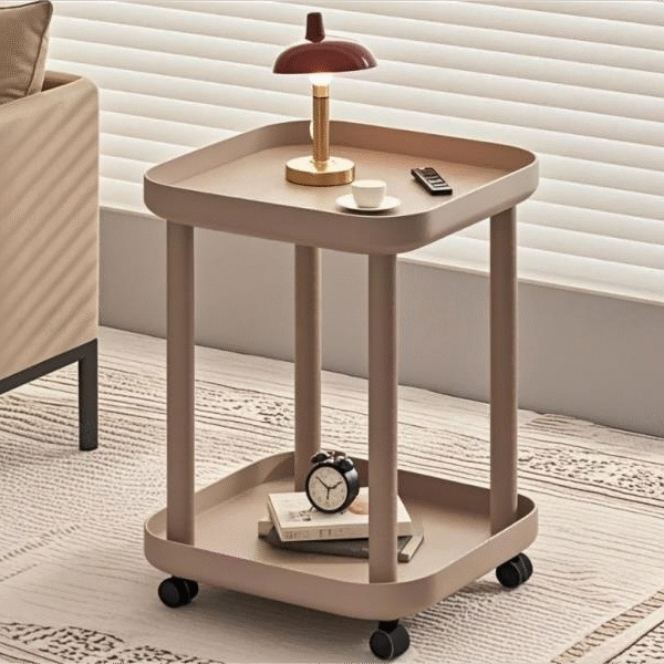 Warm Neutral Rolling End Table with Dual-Layer Storage - Aesthetic Square Side Table for Minimalist Living Rooms and Bedrooms