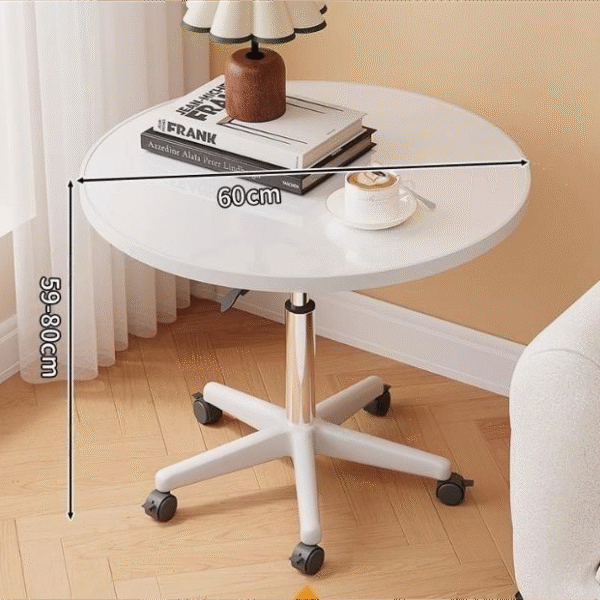 Modern Height-Adjustable Round Rolling Side Table – White Minimalist Mobile Caster Table for Laptop, Sofa, and Small Spaces