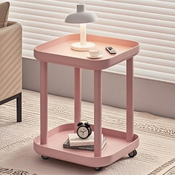 Charming Pink Rolling End Table with Dual Trays - Aesthetic Kawaii Side Table for Girls' Bedroom, Dorms, and Playful Decor