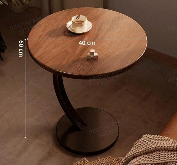 Mid-Century Modern Round Wood Side Table with Curved Black Metal Pedestal Base, 60cm Tall End Table for Living Room