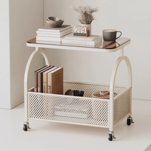 Nordic Cream Rolling Bar Cart with Glass Top & Arch Handles - Aesthetic Rectangular Service Trolley for Cozy Living Room Storage