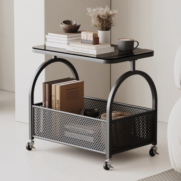 Industrial Black Rolling Bar Cart with Smoked Glass Top - Modern Two-Tier Mobile Service Trolley with Arch Handles and Storage Basket