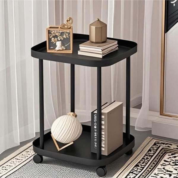 Modern 2-Tier Rolling End Table | Sleek Matte Black Mobile Nightstand with Wheels