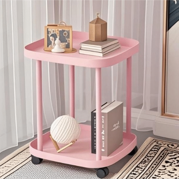 Aesthetic Pastel Pink Rolling Side Table | Cute 2-Tier Mobile Nightstand for Bedroom & Dorm Room