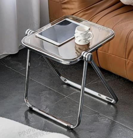 Modern Transparent Folding Acrylic Side Table with Chrome Frame – Minimalist Portable End Table for Living Room, Bedroom, or Balcony