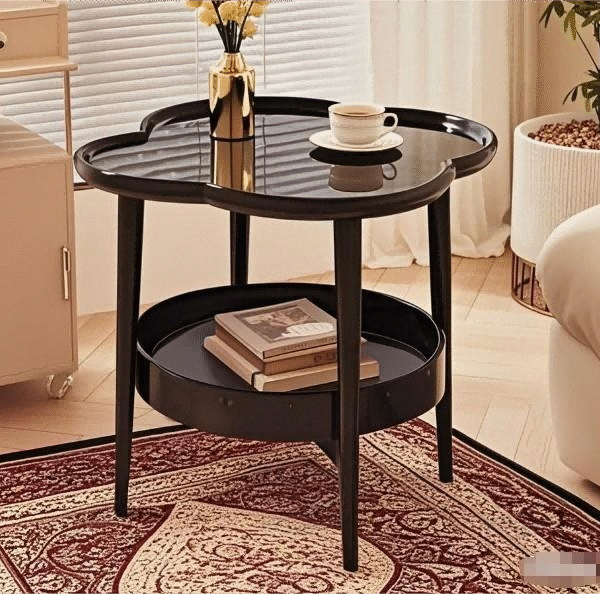 Elegant Clover-Shaped Side Table with Tempered Glass Top | Modern 2-Tier Black Accent Coffee Table