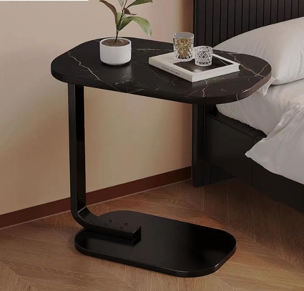 Modern C-Shaped Side Table with Marble Print Top and Metal Frame