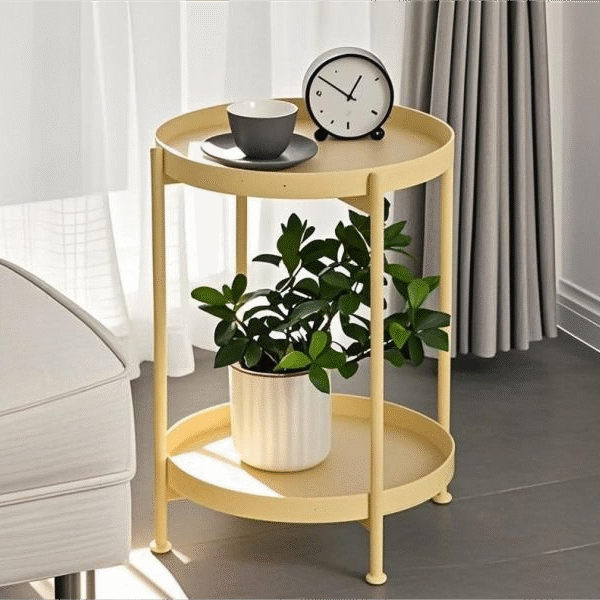 Pastel Yellow 2-Tier Round Metal Side Table - Modern Nightstand