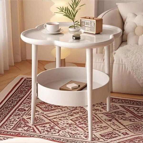 Aesthetic Flower-Shaped White Side Table | Modern 2-Tier Clover Top Accent Table for Living Room