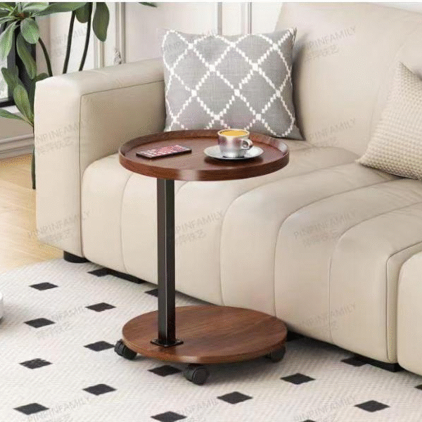 Modern Walnut Rolling C-Table - Sofa Side End Table with Tray Top & Lockable Casters for Couch Laptop Stand