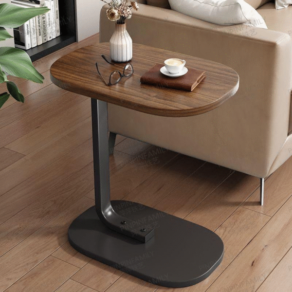 Modern C-Shaped Side Table with Walnut Wood Grain Top and Black Metal Frame