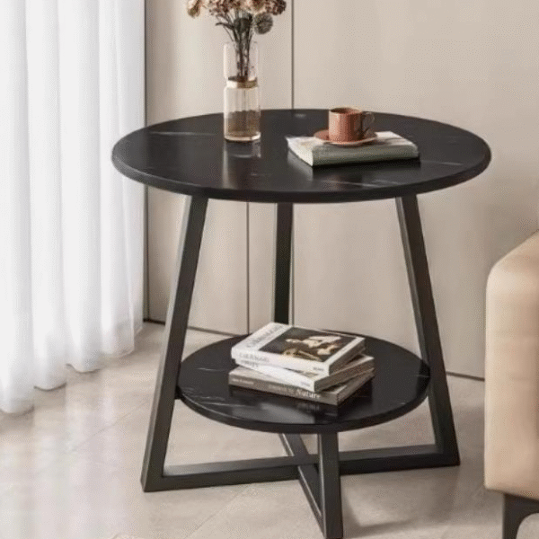 Modern Black Marble Look Side Table with 2 Tiers | Round End Table with Metal Frame