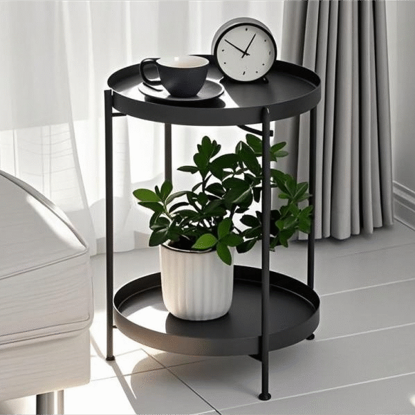 Matte Black 2-Tier Round Metal Side Table - Industrial Nightstand