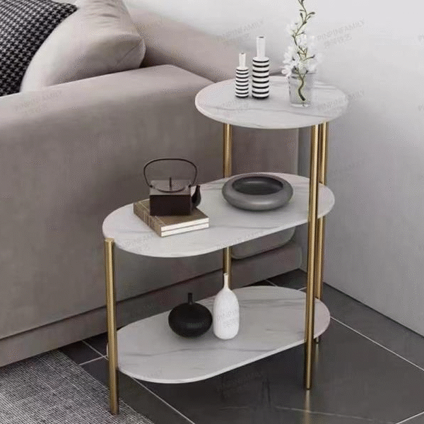 Luxury 3-Tier Oval Side Table: Faux Marble Top & Gold Metal Frame | Modern Glam Accent End Table for Sofa Living Room
