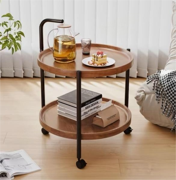 Minimalist Round Rolling Bar Cart with Two-Tier Walnut Finish Trays – Modern Mobile Serving Trolley for Small Spaces