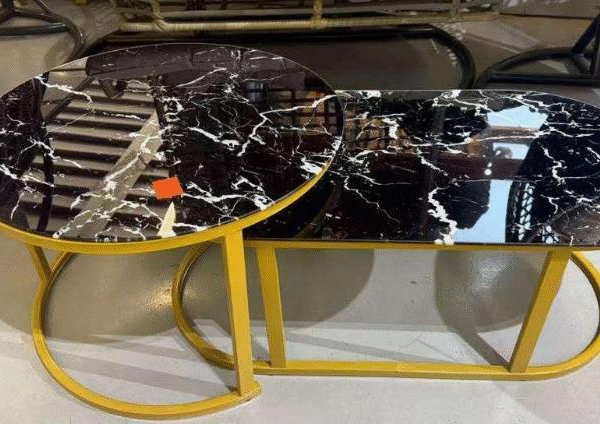 Luxurious Black Faux Marble Nesting Coffee Tables Set of 2 | Asymmetrical Gold Metal Base